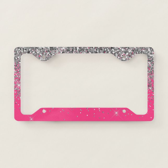 Silver Hot Pink Glitter and Sparkle Monogram License Plate Frame (Front)