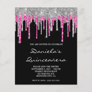Silver Hot Pink Glitter Drip Quinceañera Invite