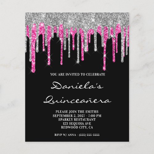 Silver Hot Pink Glitter Drip Quinceaera Invite