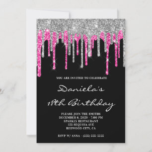 Silver Hot Pink Glitter Drips Black 18th Birthday Invitation