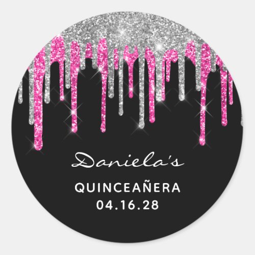 Silver Hot Pink Glitter Drips Black Quinceaera Classic Round Sticker