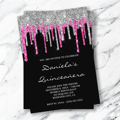 Silver Hot Pink Glitter Drips Black Quinceaera Invitation