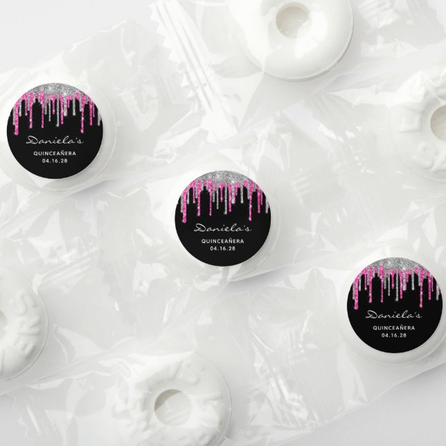 Silver Hot Pink Glitter Drips Black Quinceañera Life Saver® Mints (Assorted)