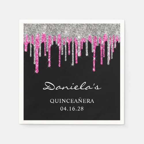 Silver Hot Pink Glitter Drips Black Quinceaera Napkins