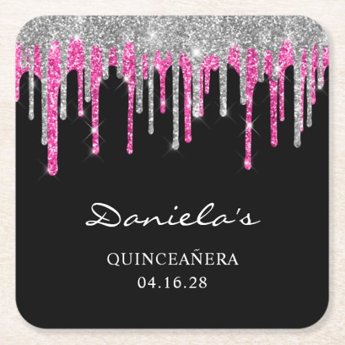 Silver Hot Pink Glitter Drips Black Quinceaera Square Paper Coaster