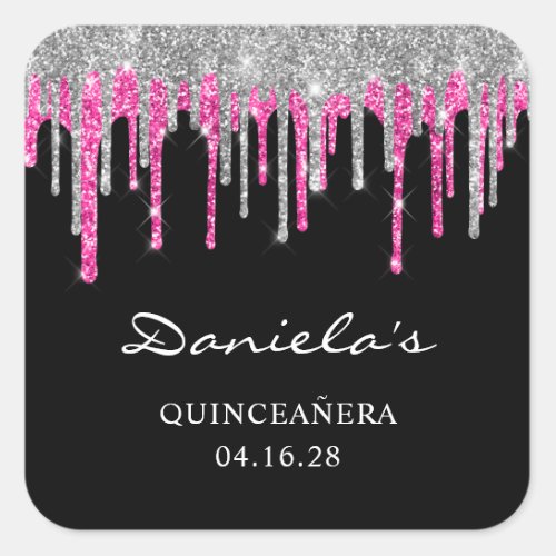 Silver Hot Pink Glitter Drips Black Quinceaera Square Sticker