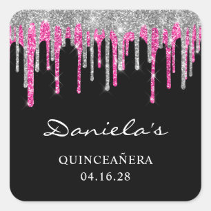 Silver Hot Pink Glitter Drips Black Quinceañera Square Sticker