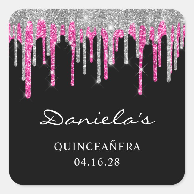 Silver Hot Pink Glitter Drips Black Quinceañera Square Sticker (Front)