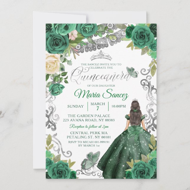 Silver Hunter Green Mexican Floral Quinceañera Invitation (Front)