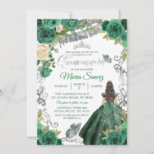 Silver Hunter Green Mexican Floral Quinceaera Invitation