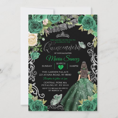 Silver Hunter Green Mexican Floral Quinceaera Invitation