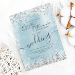 Silver ice blue snow pine Christmas winter wedding Invitation<br><div class="desc">Time to celebrate your winter wonderland wedding theme with this luxury silver glitter snowflakes sparkles and silver glitter pine tree forest on an elegant festive faux ice blue metallic background,  featuring a modern cool script font typography.</div>