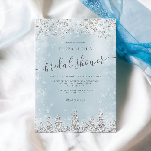 Silver ice blue snow pine winter bridal shower invitation
