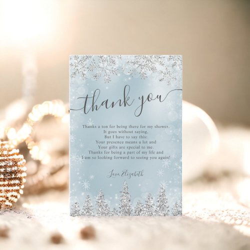 Silver ice blue snow pine winter bridal shower thank you card