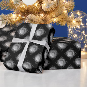 Silver Ice Crystal Snowflake Black Wrapping Paper