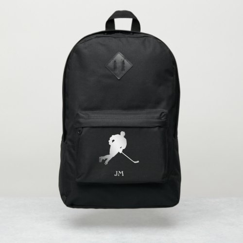 Silver Ice Hockey Player Silhouette Monogram Port Authority Backpack