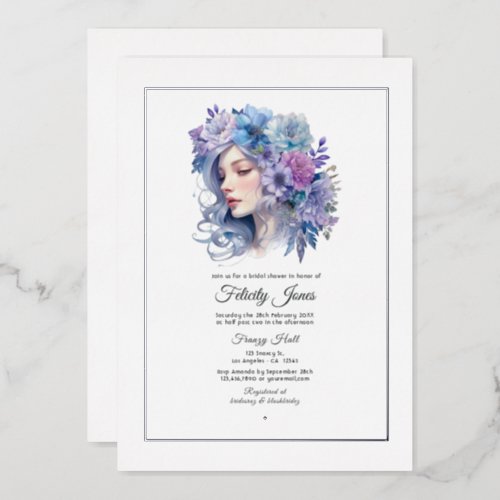 Silver Icy Blue and Lilac Floral Bridal Shower Foil Invitation