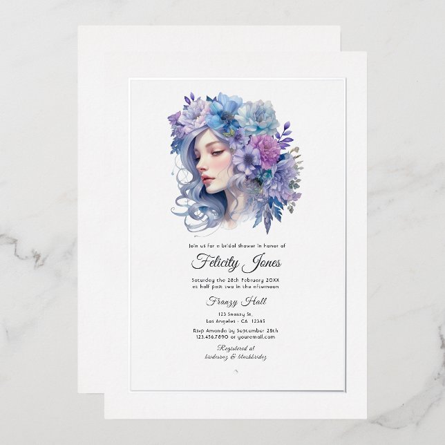 Silver, Icy Blue and Lilac Floral Bridal Shower Foil Invitation (Front/Back)