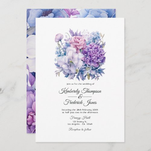 Silver Icy Blue and Lilac Floral Wedding Invitation