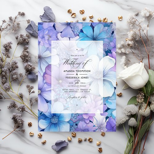 Silver Icy Blue and Lilac Floral Wedding Invitation