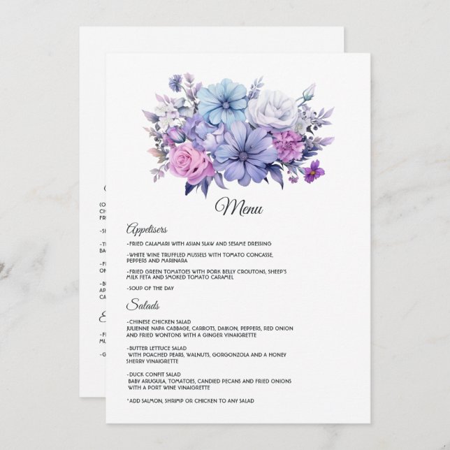 Silver, Icy Blue and Lilac Floral Wedding Menu (Front/Back)