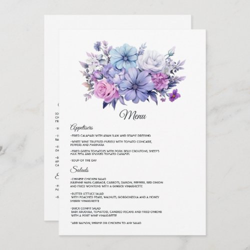 Silver Icy Blue and Lilac Floral Wedding Menu