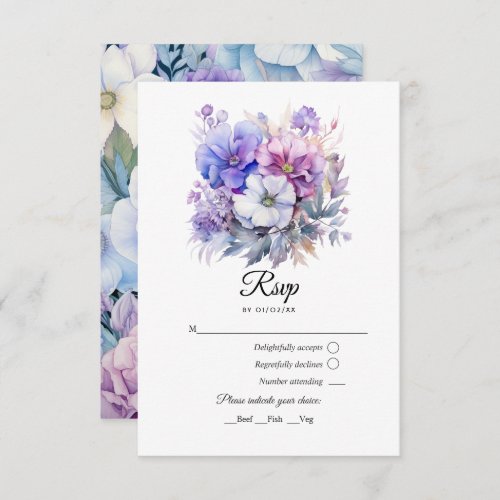 Silver Icy Blue and Lilac Floral Wedding RSVP Card