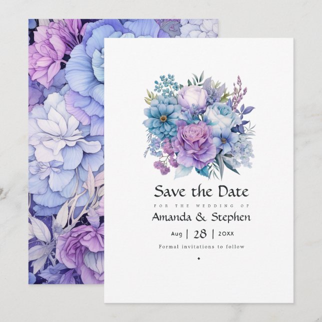 Silver, Icy Blue and Lilac Floral Wedding Save The Date (Front/Back)
