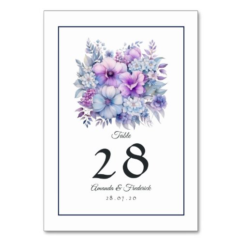 Silver Icy Blue and Lilac Floral Wedding Table Number