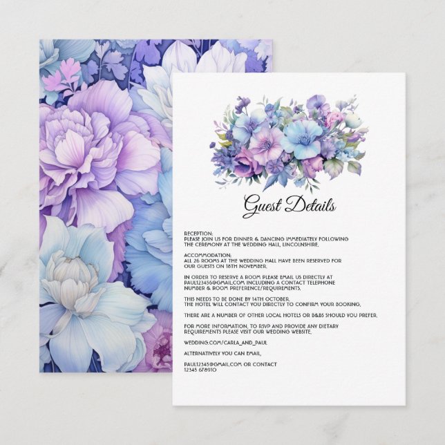 Silver, Icy Blue and Lilac Wedding Guest Details Enclosure Card (Front/Back)