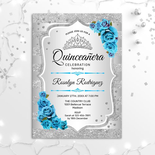 Silver Icy Blue Turquoise Quinceanera Invitation