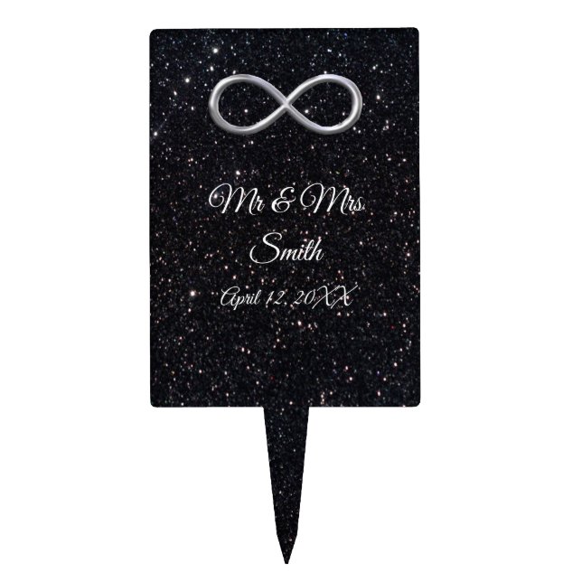 Silver Infinity Black Glitter Wedding Cake Topper (Front)