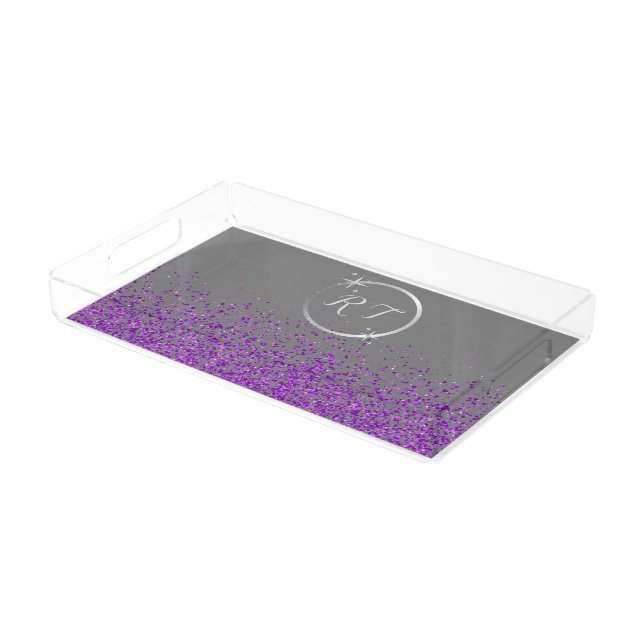 Silver initial monogram with purple glitter | acrylic tray (Angled)