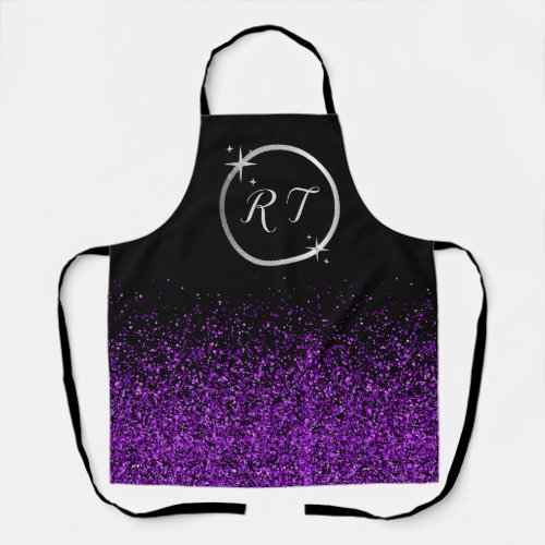 Silver initial monogram with purple glitter  apron