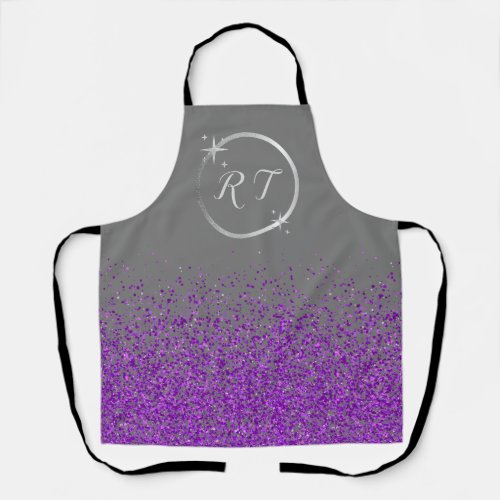Silver initial monogram with purple glitter  apron