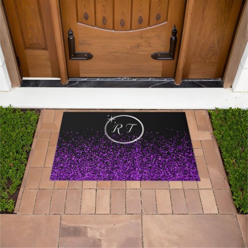 Silver initial monogram with purple glitter  doormat