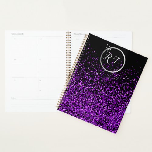 Silver initial monogram with purple glitter  planner