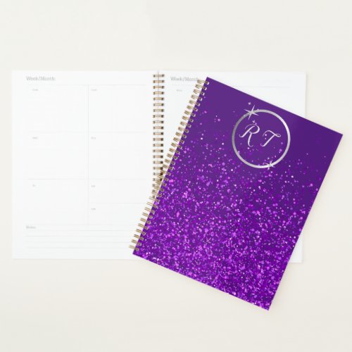 Silver initial monogram with purple glitter  planner