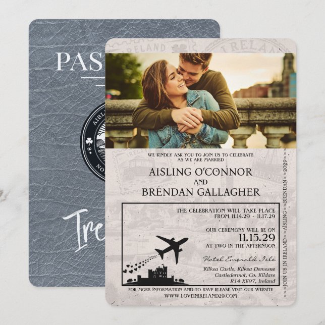 Silver Ireland Passport Wedding Invitation (Front/Back)