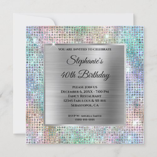 Silver Iridescent Diamond Studded Foil Birthday Invitation