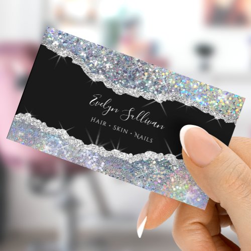 Silver iridescent glitter business card