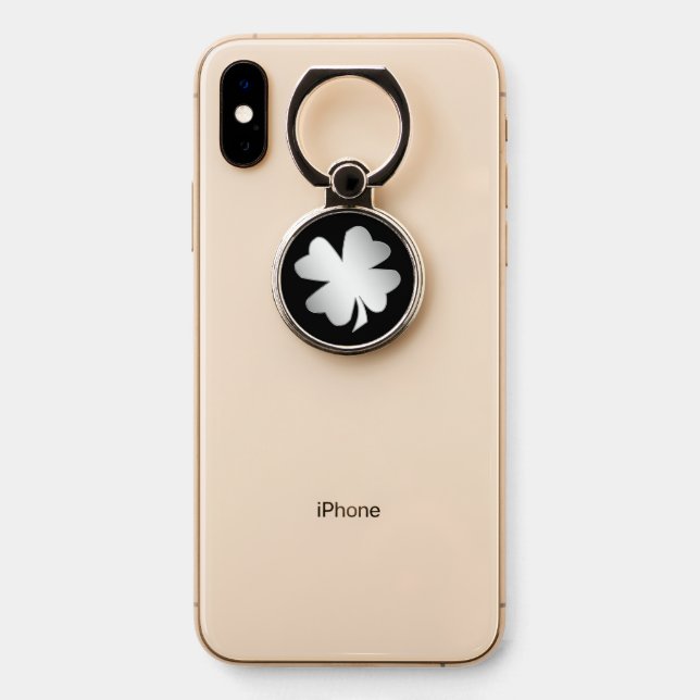 Silver Irish Shamrock on Black Phone Ring Stand (On Phone)