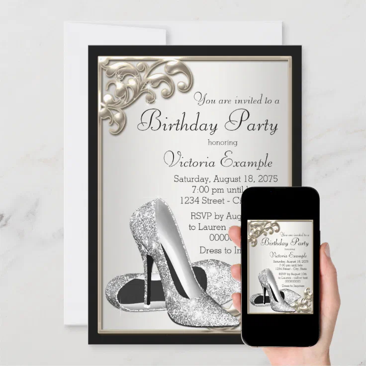 Silver Ivory Black Birthday Party Invitation | Zazzle