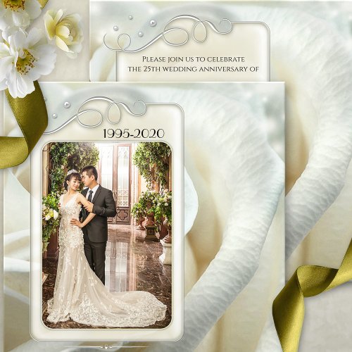 Silver Ivory Rose 25th Wedding Anniversary Photo Invitation