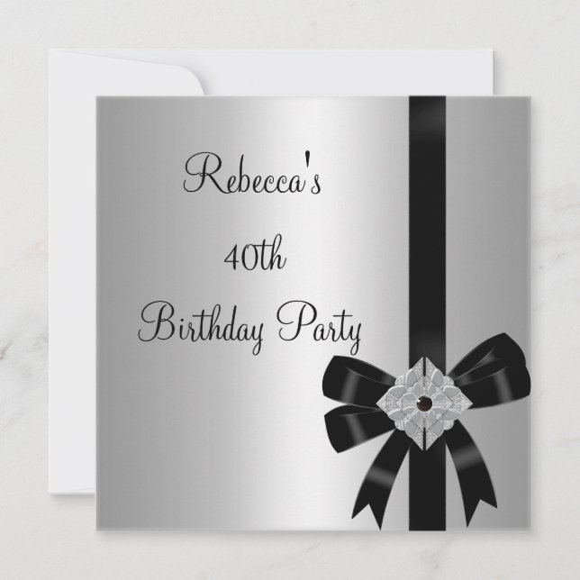Silver Jewel Black Bow 40th Elegant Birthday Invitation (Front)