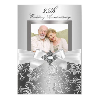 Silver Jewel Bow & Floral 25th Wedding Anniversary Card