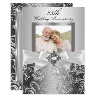 Silver Jewel Bow & Floral 25th Wedding Anniversary Invitation