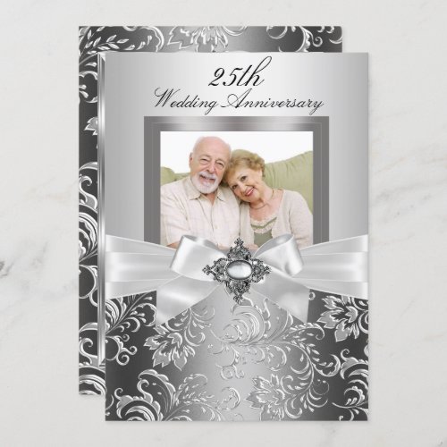 Silver Jewel Bow  Floral 25th Wedding Anniversary Invitation
