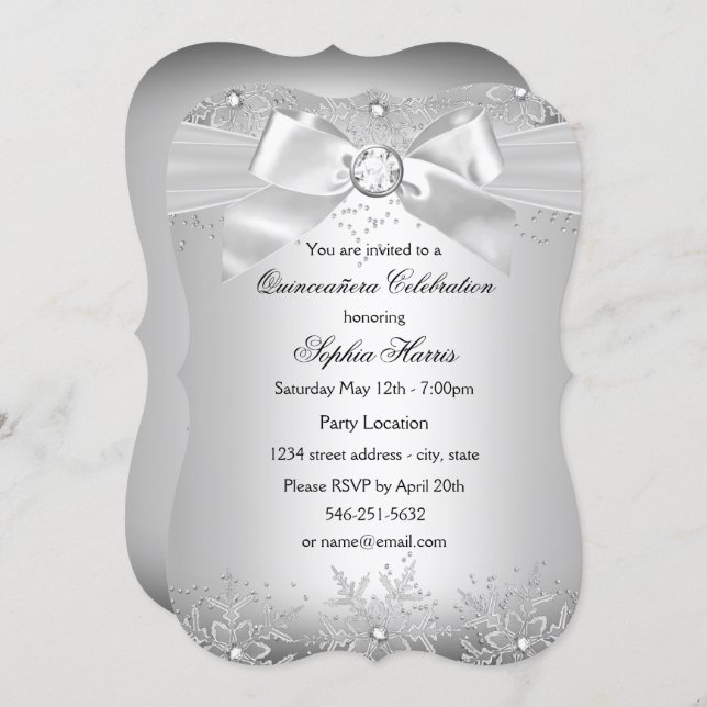 Silver Jewel Bow Snowflake Quinceanera Invitation (Front/Back)