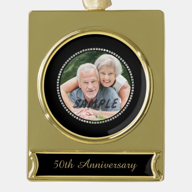 Silver Jewel Golden Wedding Anniversary Photo Gold Plated Banner Ornament (Front)